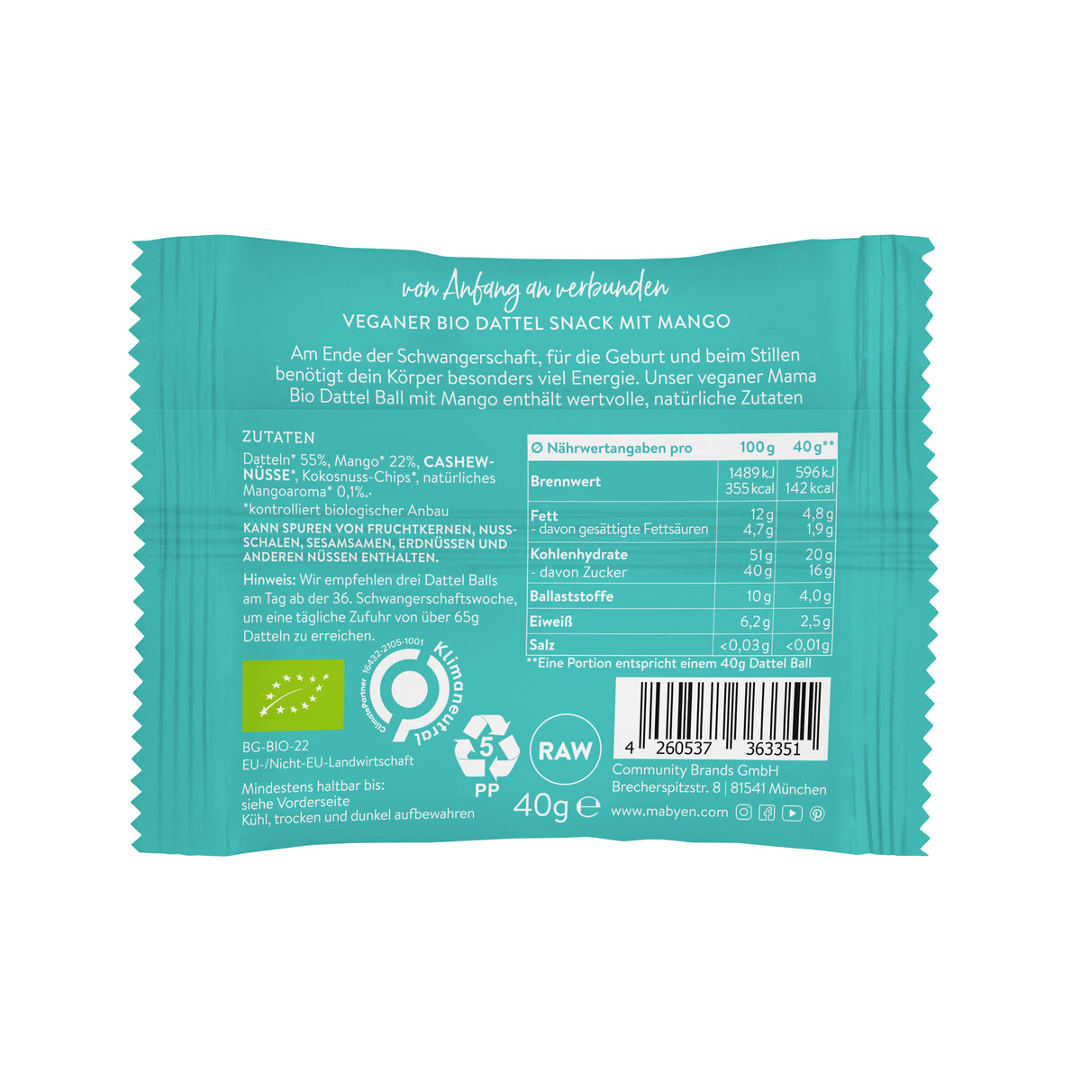 Mama Bio Dattel Ball Mango Rückseite